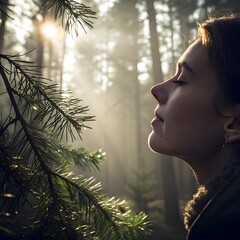 Serene forest retreat vibe—soft light filters through pine needles onto a calm face, evoking tranquility and natural wellness.