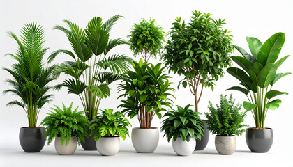 Obraz premium Potted plants isolated on white background. Collection of various houseplants in pots. Plant decoration, home gardening, and clean air concept for design and advertising