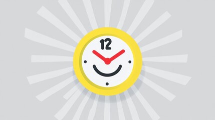 A yellow clock face with a happy smiley face, set against a sunburst background