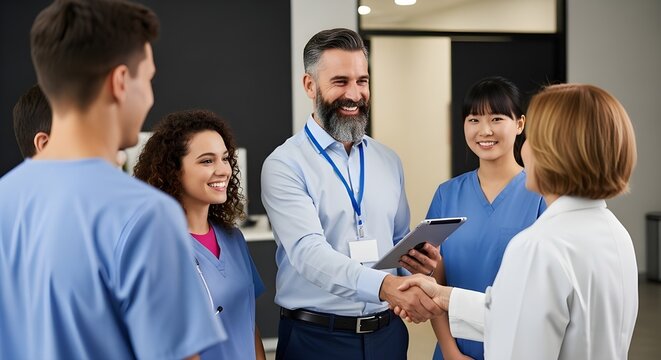 Diverse Medical Team Welcoming New Doctor with Handshake | Group of Smiling Healthcare Professionals in Hospital Setting for Recruitment and Collaboration Marketing - Powered by Adobe