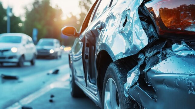 A car accident on a road with damaged vehicles and traffic lights in the background.