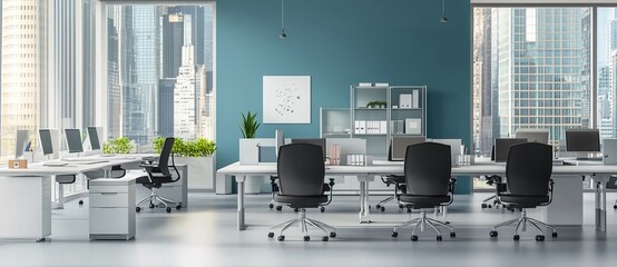 Modern, bright office space with city views, featuring white desks, black chairs, and teal walls
