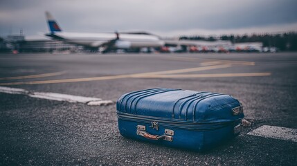 Obraz premium Solitary suitcase on tarmac with airplane in distance, symbolizing travel, departure, and journey concepts. Modern luggage and aviation themes for travel-related projects.