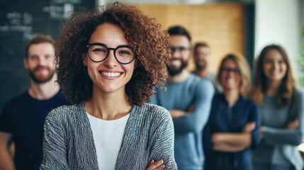 A diverse group of people standing in a modern office setting, with a blackboard in the background.