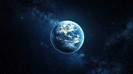 Obraz premium The Earth, a blue planet with green continents, is seen from space against a backdrop of stars and the Milky Way.