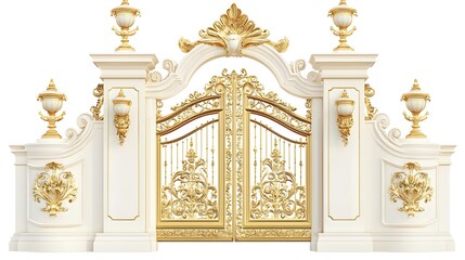 Luxurious European Palace Entrance with Magnificent Golden Gates on Isolated White Background