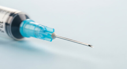 Close-up of a Medical Syringe Needle on a Light Blue Background