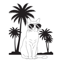 Cool Cat With Sunglasses Vector | Tropical Line Art | Black and White Aesthetic Cat. AI generator