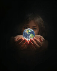 Ethereal Glow. Child's Hands Cradle Glowing Earth