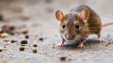 A brown and black mouse with white whiskers and a pink nose, standing on a sandy ground with scattered seeds and rocks.