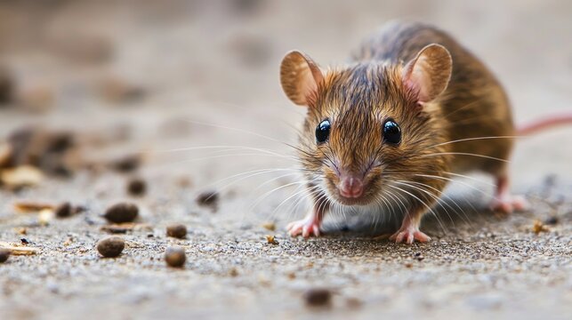 A brown and black mouse with white whiskers and a pink nose, standing on a sandy ground with scattered seeds and rocks.