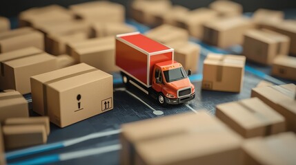 A red and white delivery truck surrounded by cardboard boxes on a blue and white road.