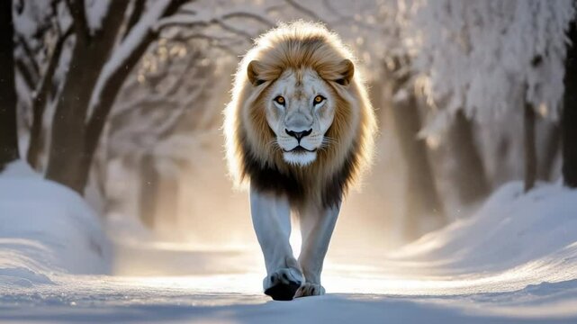 White lion walking on snow covered path in winter forest with soft sunlight shining through trees creating majestic and powerful wildlife animal scene full of serene beauty and natural wonder