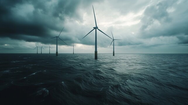 Offshore wind turbines stand tall against a dramatic, dark sky and choppy sea, showcasing renewable energy potential
