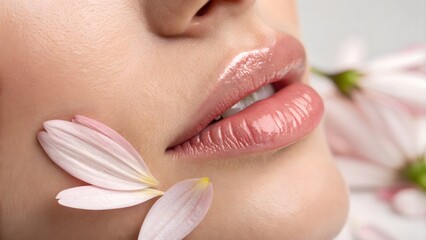 Organic beauty charm—delicate petal resting on soft lips, blending nature with intimacy; ideal for clean, floral cosmetic campaigns.