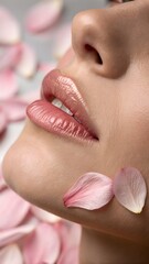 Organic beauty charm—delicate petal resting on soft lips, blending nature with intimacy; ideal for clean, floral cosmetic campaigns.