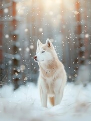 Obraz premium Majestic Siberian Husky Standing Proudly in Snowy Winter Forest with Falling Snowflakes