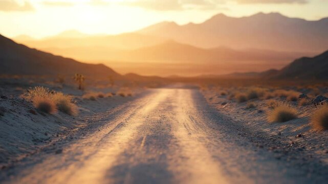 Desert dirt road sunset warm light casting long shadows mountain arid landscape nature outdoor peaceful serene atmosphere outdoor adventure exploration scenic view natural beauty wilderness trail