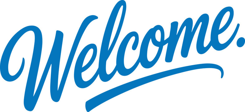 Blue script lettering welcomes guests greeting invitation