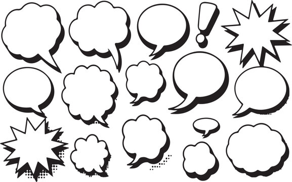 Diverse speech bubbles and comic book explosion shapes dialogue communication