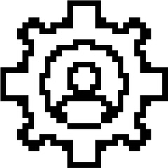 Pixel people in cog gear icon vector, illustrating teamwork and system collaboration in an 8-bit style. Perfect for gaming, business process, or mechanical themes.