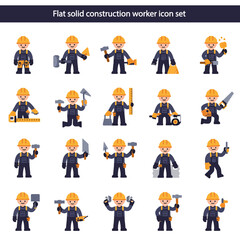 Comprehensive Construction Worker Icon Set Flat Solid Design for Construction, Building, and Industry Projects. 