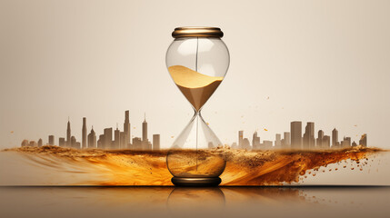 Golden Hourglass Melting into City Skyline Sand – Time Escaping as Smoke, Symbolizing Urban Ephemerality and Change, Surreal Art on Bright White Background