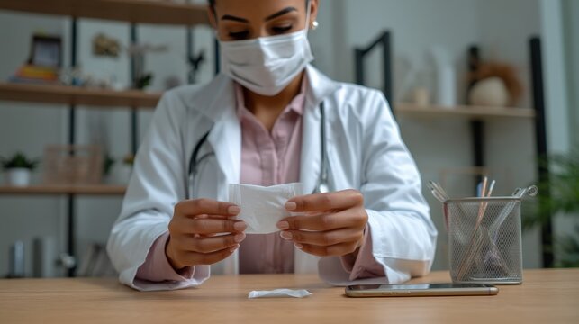 A female doctor cleaning her smartphone with sanitizing wipes in her office, promoting health and cleanliness in a medical setting. - Powered by Adobe