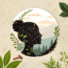 Subtle wellness visual—tea leaves cast intricate shadows on a serene face, conjuring purity and eco-conscious skincare narratives.