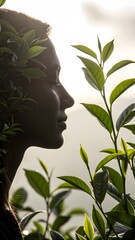 Subtle wellness visual—tea leaves cast intricate shadows on a serene face, conjuring purity and eco-conscious skincare narratives.