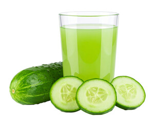 Minimal Cucumber Juice Composition with Whole and Sliced Cucumbers, isolated on a transparent background