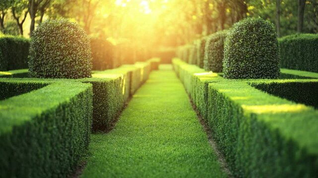 Manicured garden pathway with trimmed hedges and bushes glowing under warm sunlight, creating peaceful and inviting outdoor atmosphere in green nature landscape with spherical bushes and trimmed hedge