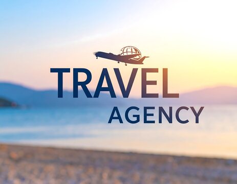 Travel agency logo on blurred beach sunset
