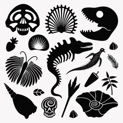 Naklejka premium Collection of black silhouette prehistoric fossils and ancient creatures on a white background