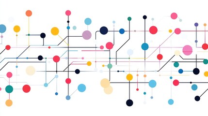 Abstract network with colored circles interconnected by lines on a white background