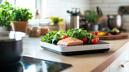 Salmon fillet with fresh salad on a kitchen scale, ready for cooking.