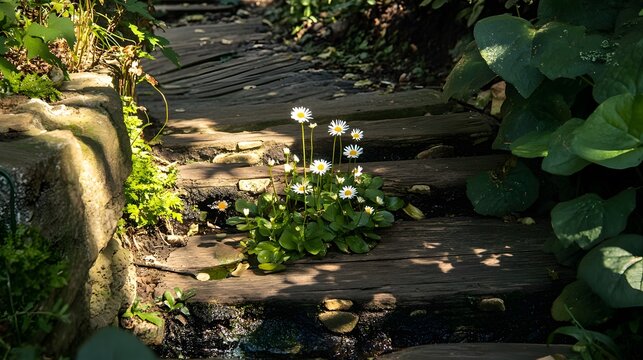 Daisies Blooming on Rustic Wooden Pathway Garden