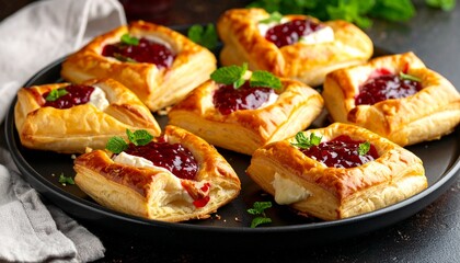 Tasty puff pastries filled with camembert cheese and raspberry jam.
