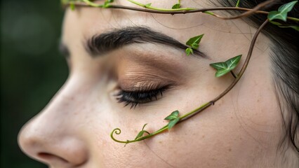 Botanical elegance—fine vine tendril drapes over a brow, merging human and plant life for graceful, organic fashion or beauty advertising.