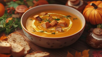 45.A detailed image of a bowl of mushroom soup with a velvety texture, topped with crispy croutons and fresh herbs. The scene features fresh champignon mushrooms, sliced bread, and autumn vegetables