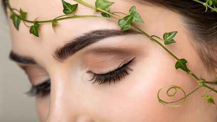 Botanical elegance—fine vine tendril drapes over a brow, merging human and plant life for graceful, organic fashion or beauty advertising.