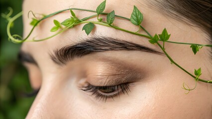 Botanical elegance—fine vine tendril drapes over a brow, merging human and plant life for graceful, organic fashion or beauty advertising.