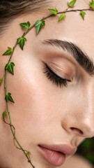 Botanical elegance—fine vine tendril drapes over a brow, merging human and plant life for graceful, organic fashion or beauty advertising.