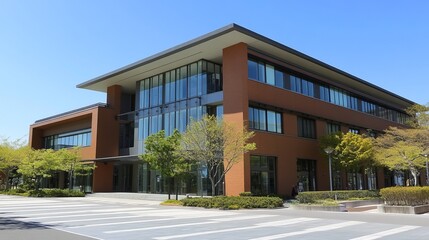 Modern, terracotta-colored office building with expansive glass windows, set against a clear blue sky.  Landscaped grounds surround the structure