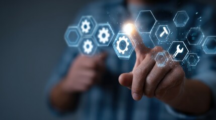 Businessman touching glowing digital icons representing maintenance and repair, futuristic interface with wrench and gear symbols.