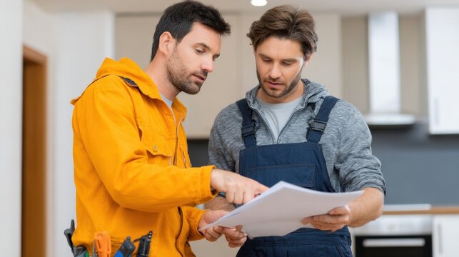 Casual man reading television installation paperwork at home with installer pointing details.