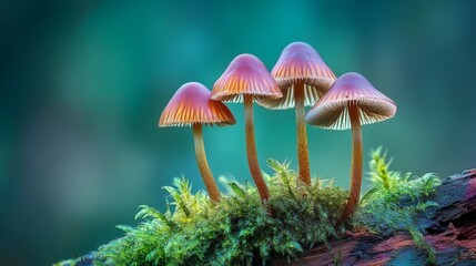 9.A macro view of a group of delicate brown-capped mushrooms sprouting from a decayed tree trunk cloaked in velvety green moss. The mushrooms' slender stems and earthy tones complement the vivid