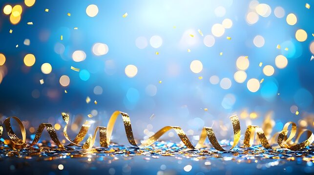 Elegant Festive Birthday Backdrop with Gracefully Falling Golden Confetti and Glowing Fairy Lights