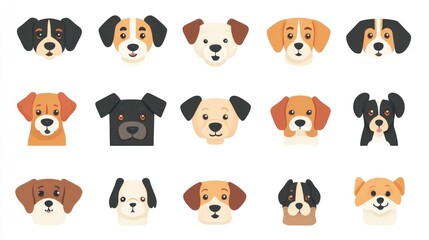 Cartoon assortment of dog faces with various colors and marking patterns on white background