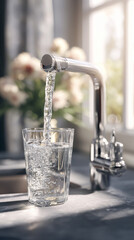 Drinking glass filling with clean water from a modern faucet, placed on a wooden countertop with sunlight streaming in. Shot in a cozy home kitchen, useful for clean living and healthy lifestyle ads.
